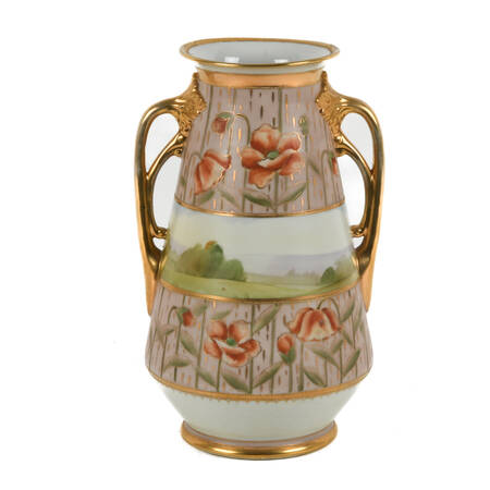 Oversized Nippon Hand-Painted Double Branch Handle Scene Vase