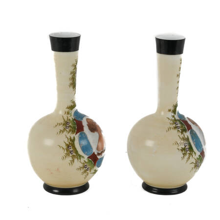 Antique Pair of Hand-Painted Bristol Glass Portrait Vases