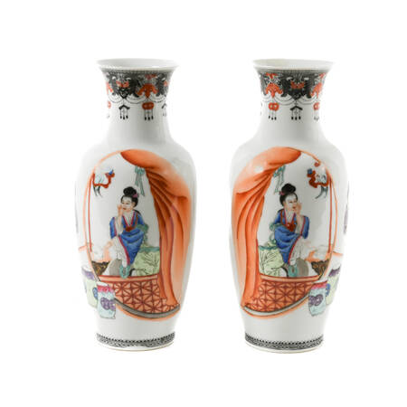 Antique Pair of Famille Rose Vases with Landscape and Figures