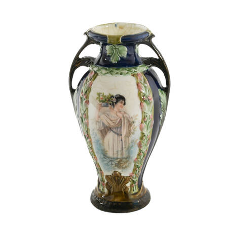 Antique Art Nouveau Majolica Two Handle Portrait Vase