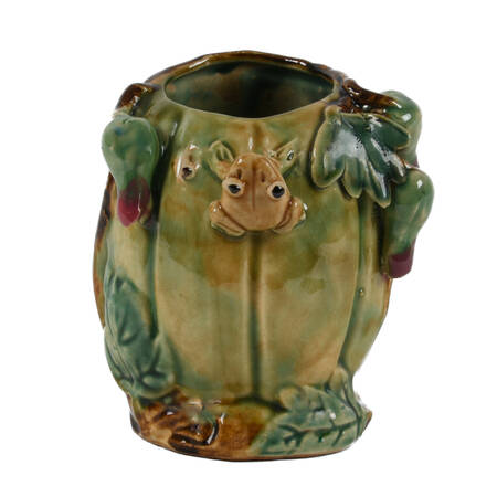 Drip Glazed Majolica Vase with Raised Relief Frog and Flowers