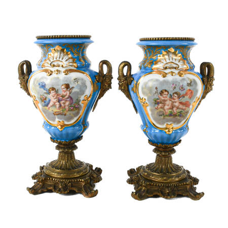 Antique Pair of French Ormolu Mounted Sèvres Vases