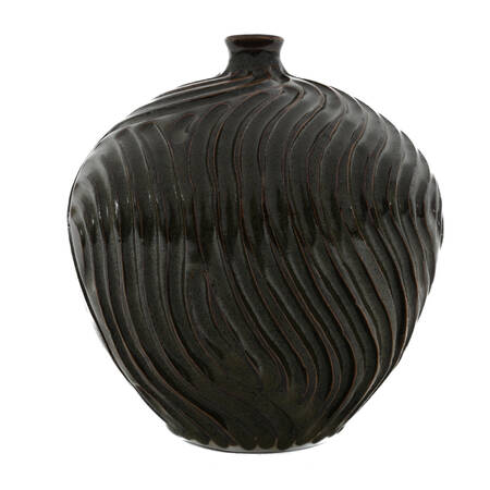 Grooved Dark Brown Studio Pottery Vase