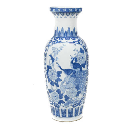 Chinoiserie Blue and White Birds Floor Vase