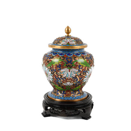 Chinese Lidded Cloisonné Enamel Jar on Wood Base