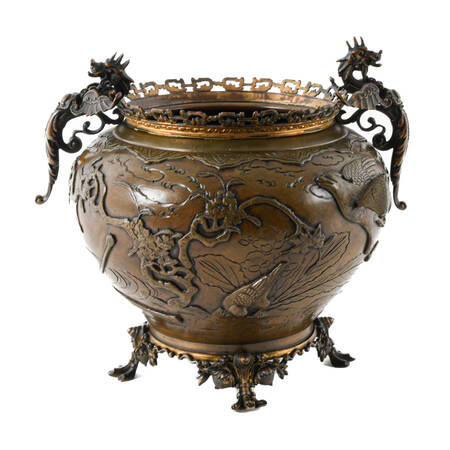 Antique Japanese Bronze Dragon Motif Footed Jardinière