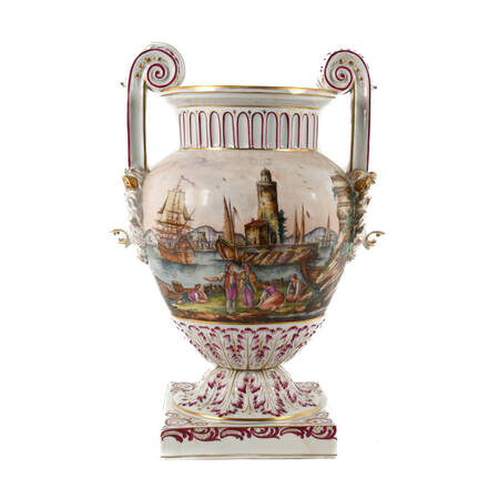 Antique Large Meissen-Style Port Landscape Scene Porcelain Urn