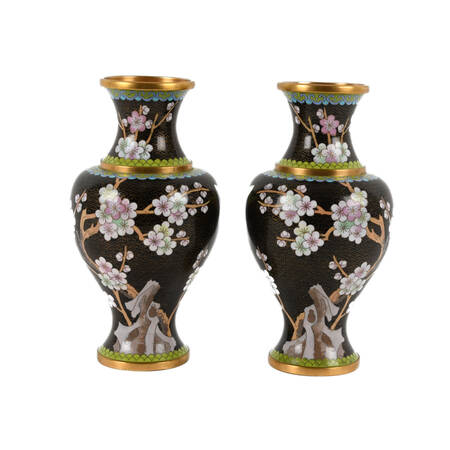 Pair of Black Chinese Cloisonné Cherry Blossom Vases