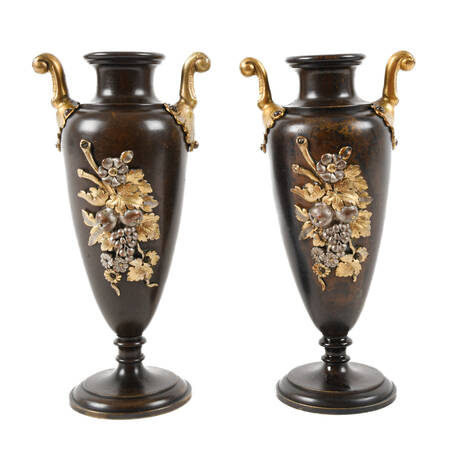 Pair of Miniature Bronze Amphorae Vases with Floral Decorations
