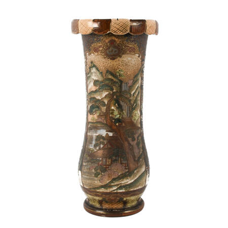 Antique Japanese Scallop Rim Satsuma Moriage Floor Vase