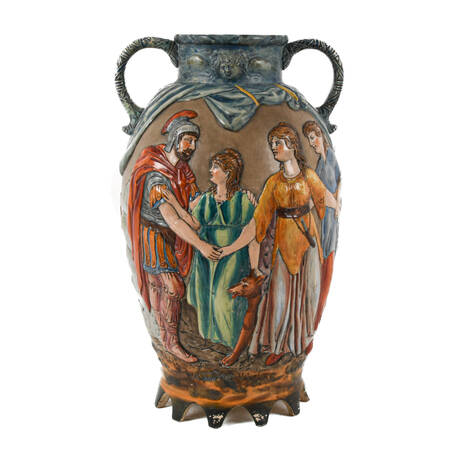 German Hand-painted "Welcome Dear Father" Majolica Dual Handled Vase