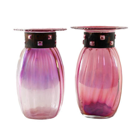 Pair of Blown Iridescent Czech Glass Vases with Copper Collars