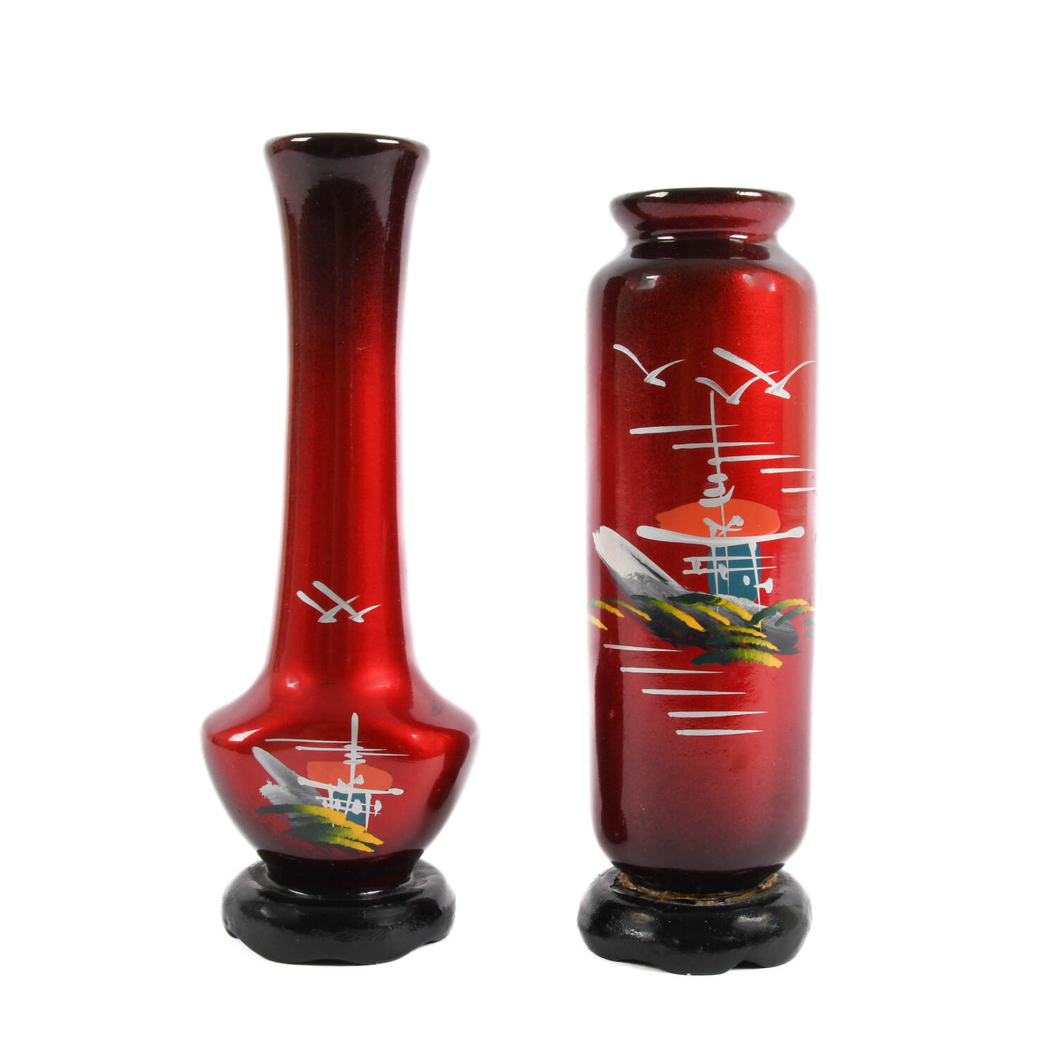 Set of Two Japanese Red Lacquer Bud Vases