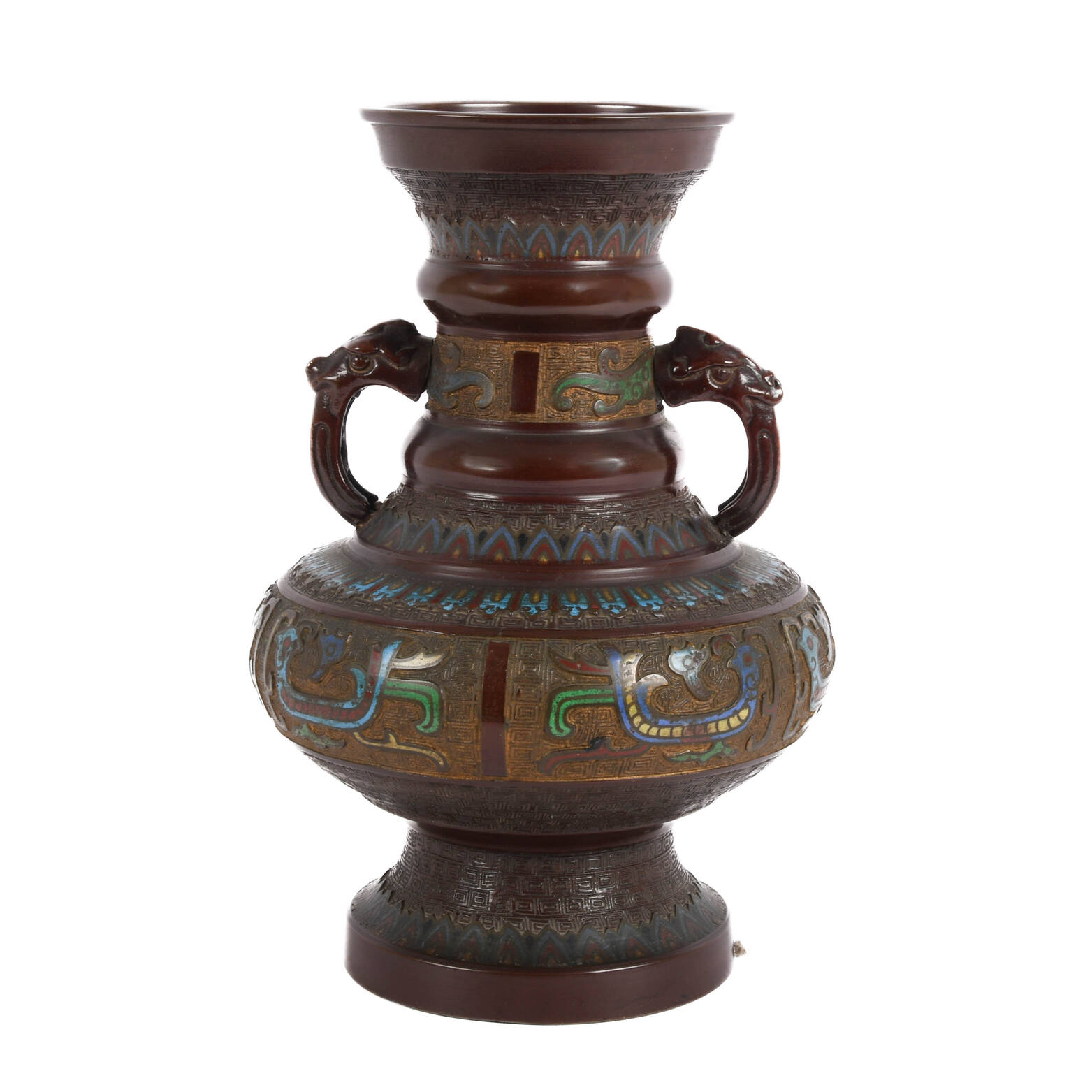 Antique Japanese Champlevé Enameled Bronze Figural Vase