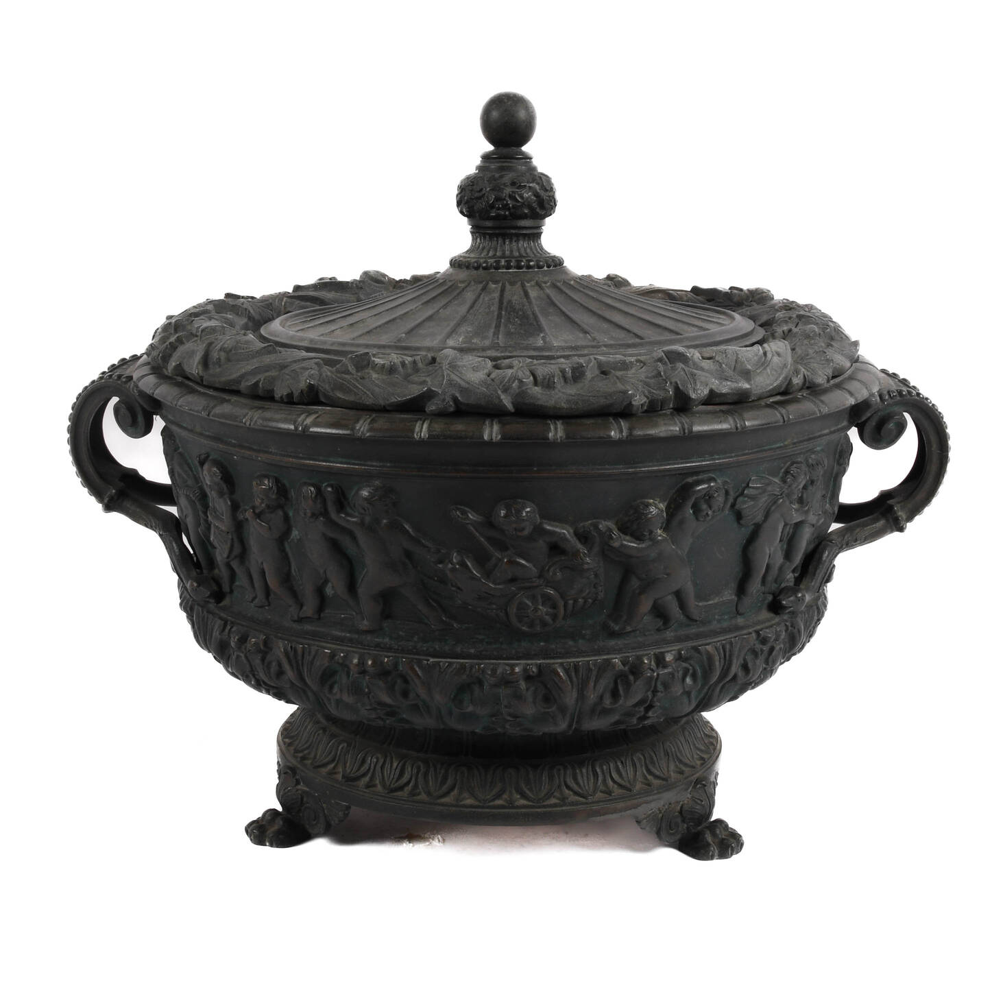 Large Antique Ornate Metalwork Footed and Lidded Urn with Glass Inset