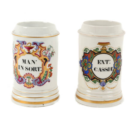 Antique Pair of French Maison A Collin Porcelaines Apothecary Laxative Jars