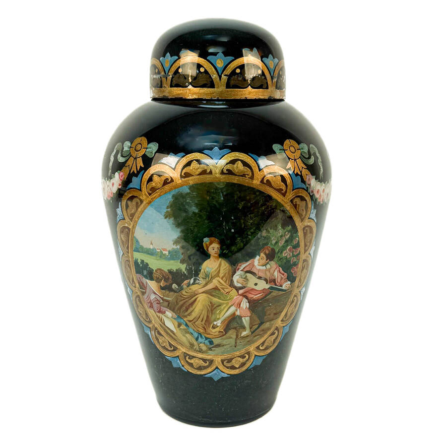 Large Reverse Hand-Painted Couple's Scene Glass Jar with Lid