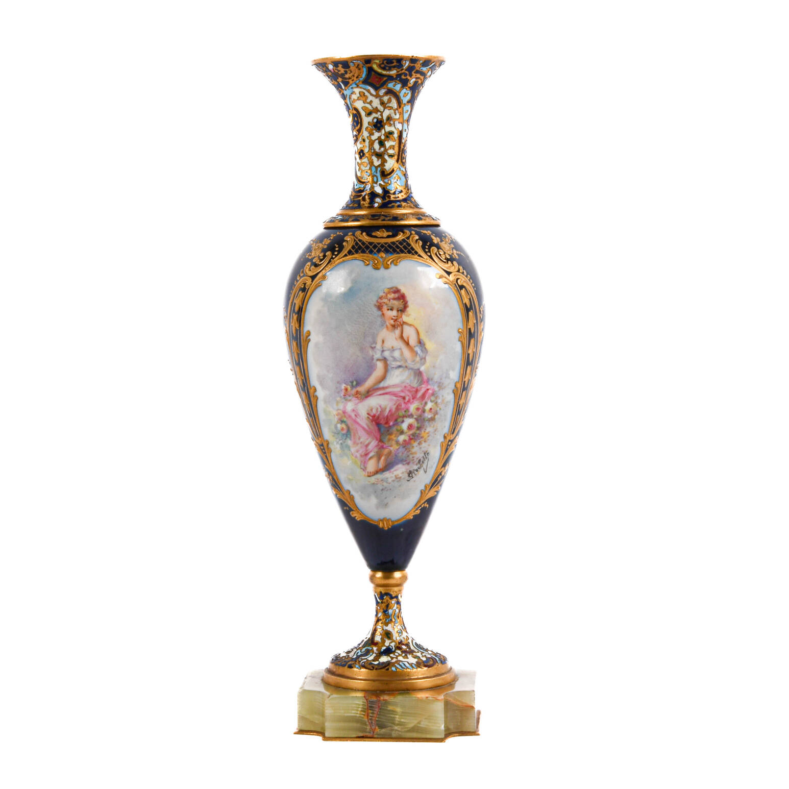 Antique French Hand-Painted and Champlevé Urn on Green Marble