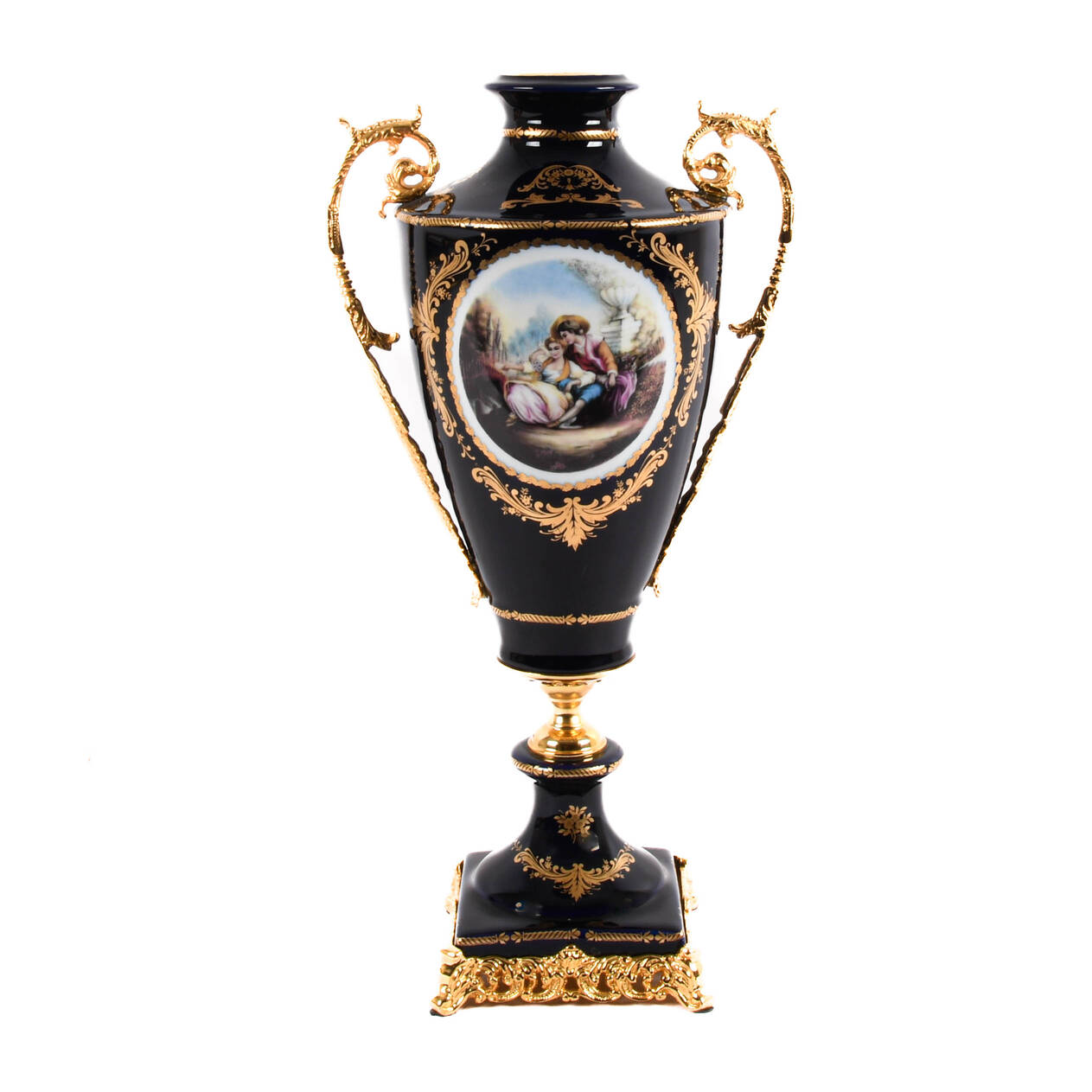 Large Decorated Limoges-Style Porcelain and Brass Vase
