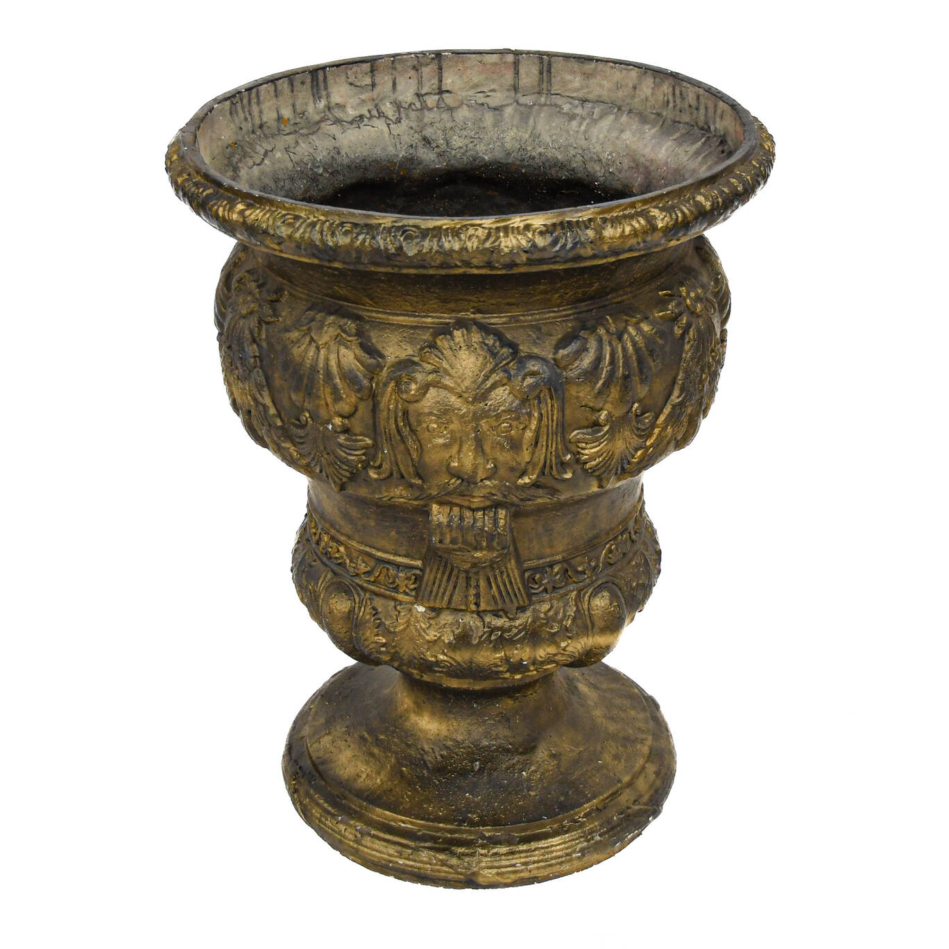 Ornamental Gilt Urn with Classical Faces and Acanthus Detail