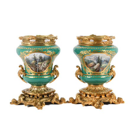 Antique Pair of Gilt Bronze and Sèvres-Style Hand-Painted Urns