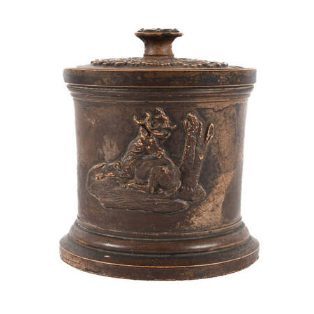 Antique Lidded Pottery Caddy with Resting Deer Motif