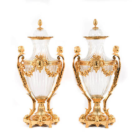 Matched Pair of Baccarat Gilt Bronze and Figural Urns