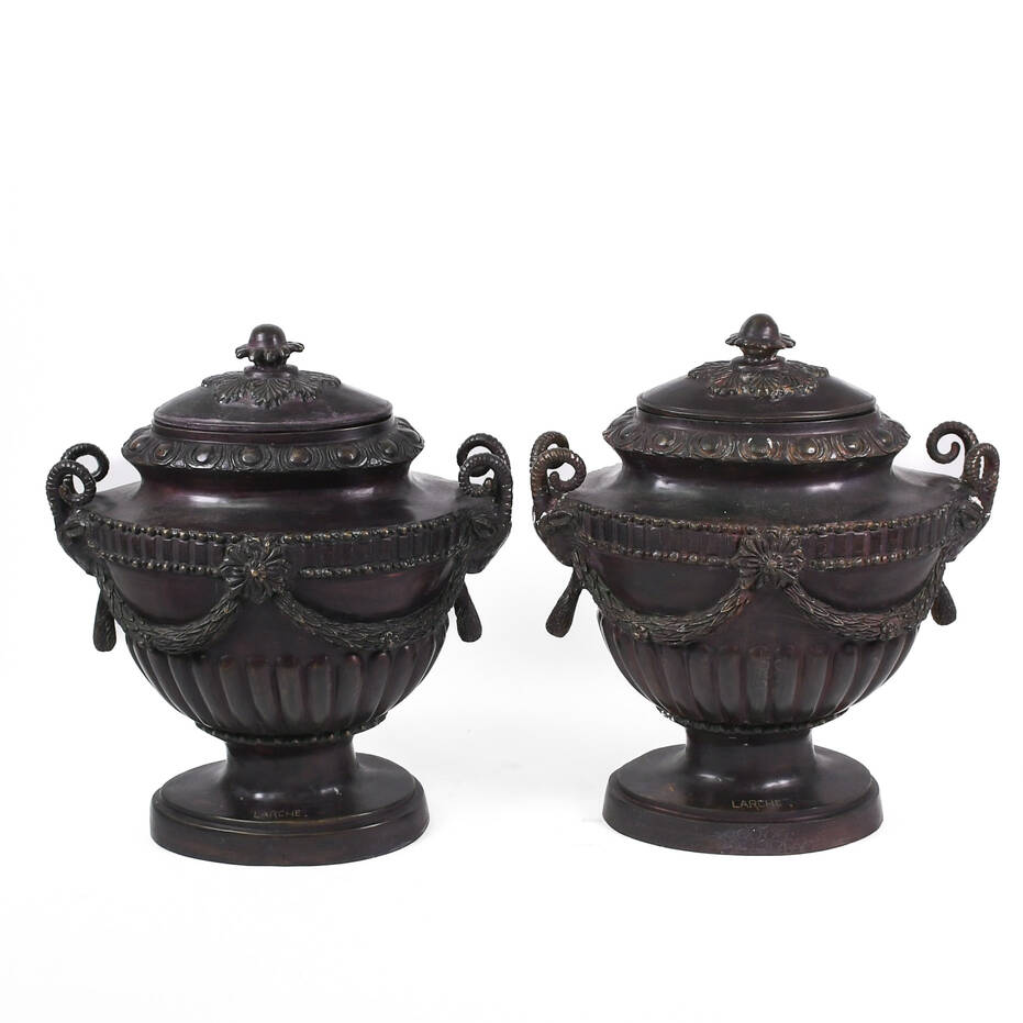 Pair of Bronze Maitland Smith Ram's Head Urns