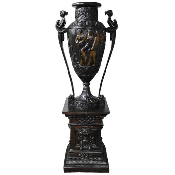 Tall Black Metal Urn with Pedestal