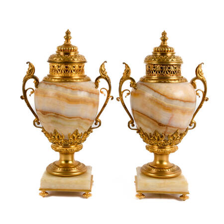 Antique Pair of French Ormolu Bronze and Onyx Cassolettes