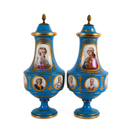 Pair of French Sèvres Lidded Blue and Gilt Portrait Vases
