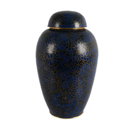 Blue and Black Lidded Floral Cloisonné Urn