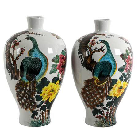 Pair of Chinese Floral and Peacock Vases