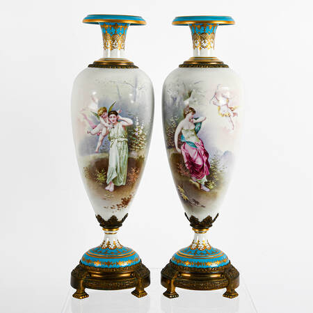 Antique Pair of French Sèvres-Style Ormolu Mounted Vases
