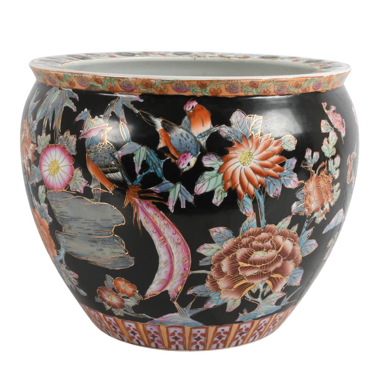 Chinese Famille Noire-Style Porcelain Fishbowl Planter
