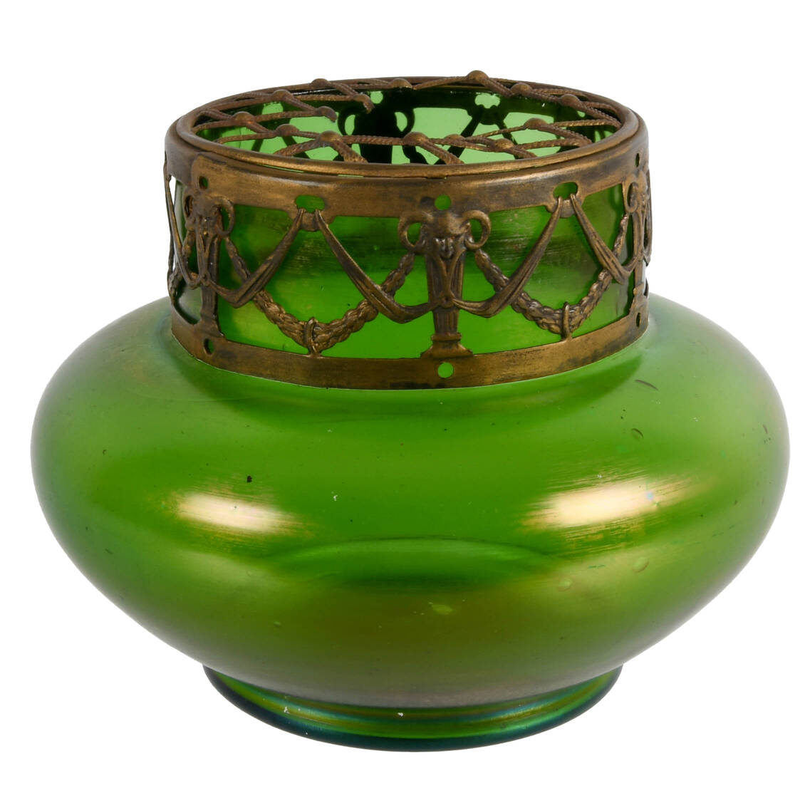 Antique Loetz-Style Iridescent Green Glass Vase with Brass Filigree Collar