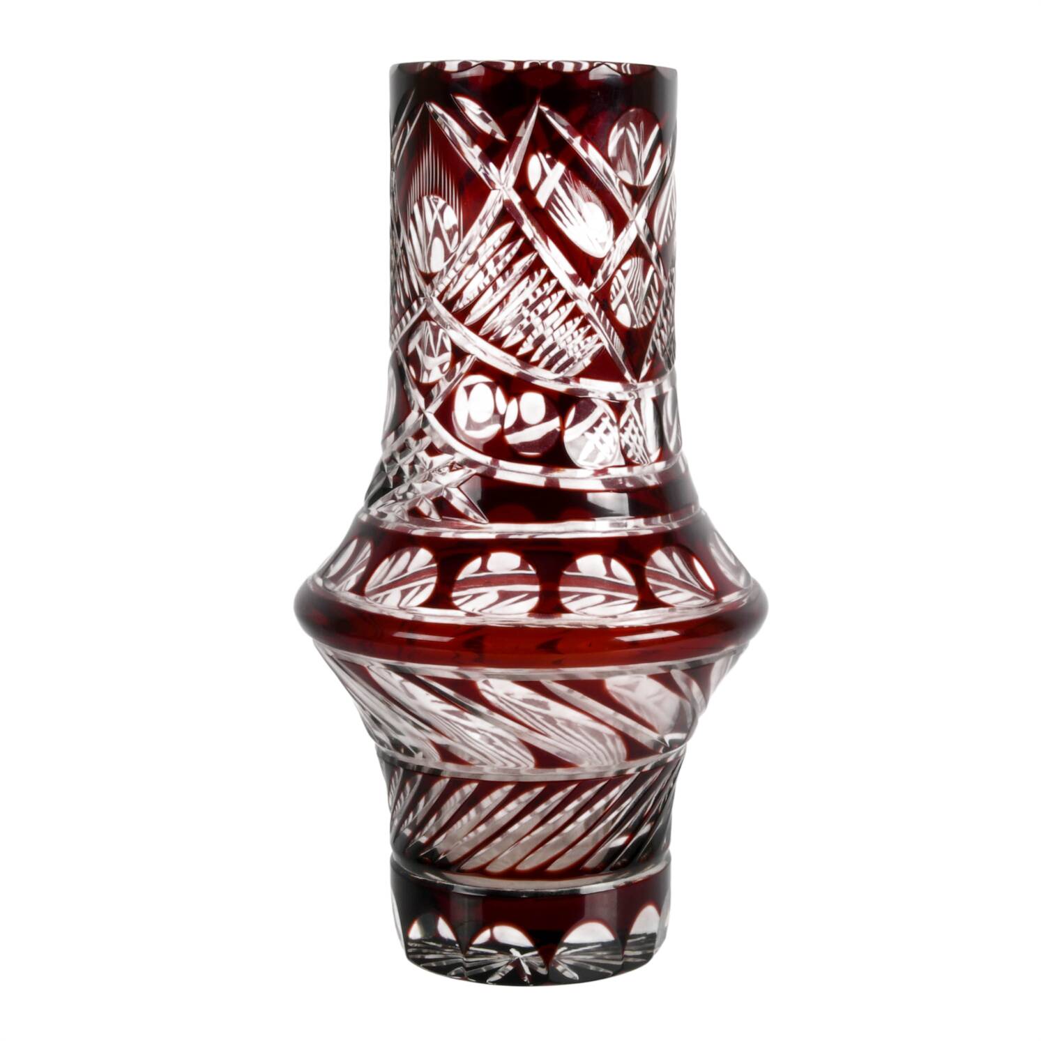 Bohemian Cut to Clear Cranberry Glass Vase