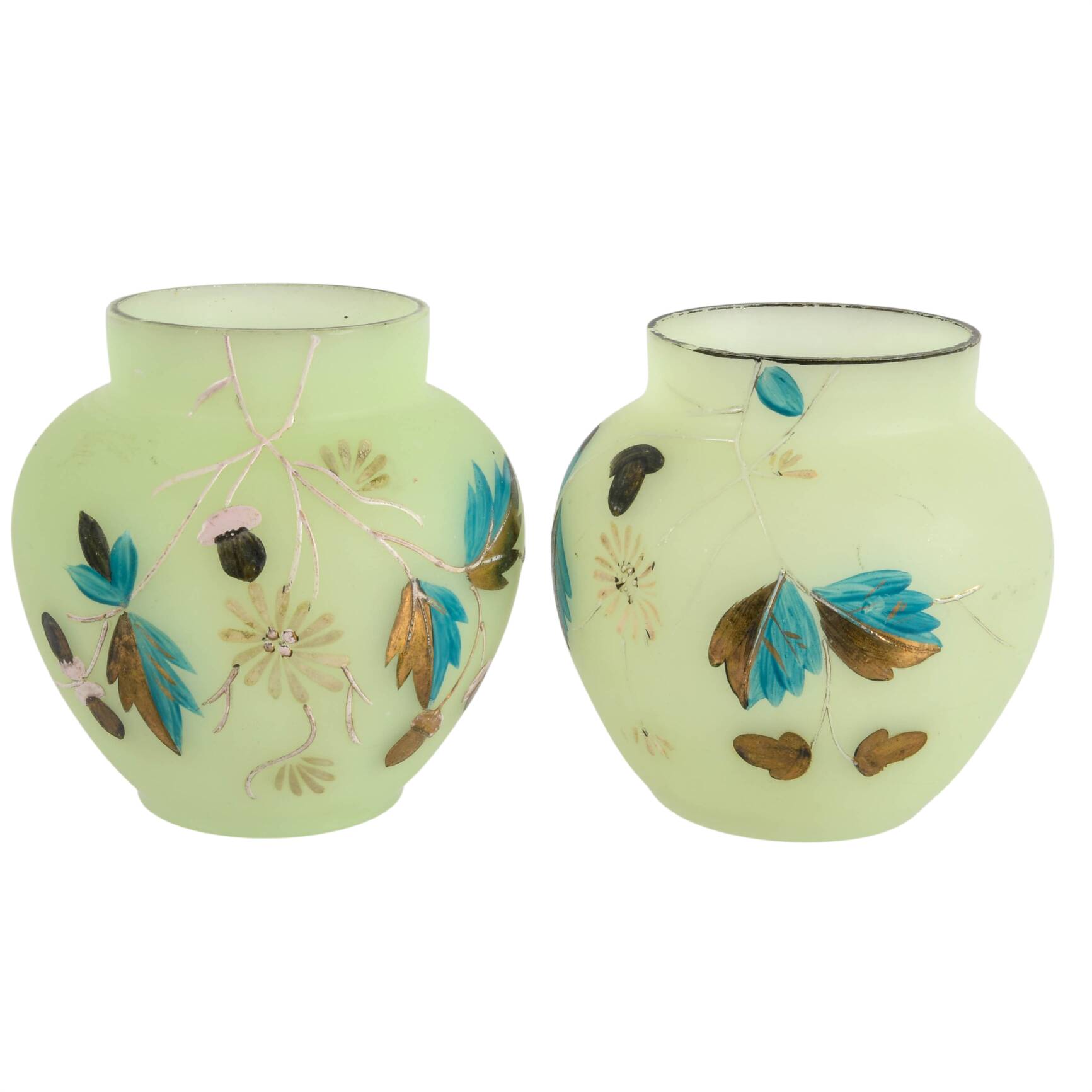 Pair of Victorian Enameled Satin Uranium Bristol Glass Vases