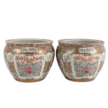 Antique Pair of Chinese Famille Rose Porcelain Fishbowl Planters