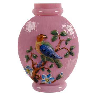 Hand-Painted Pink Opaline Milk Glass Vase with Raised Bird Design