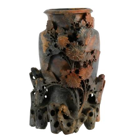 Chinese Carved Floral Soapstone Vase with Flush Back