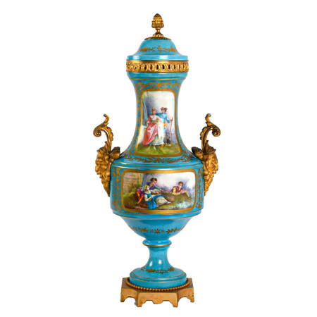 French Sèvres Painted Porcelain Urn with Doré Bronze Mounts