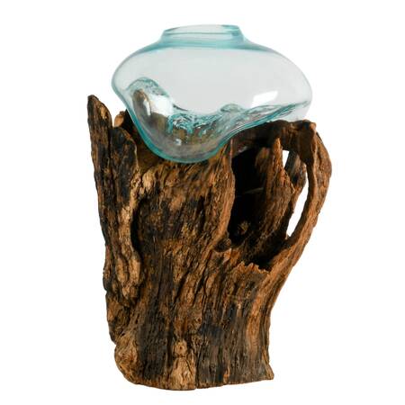 Large Sculptural Molten Glass Vase on Wood Root Base