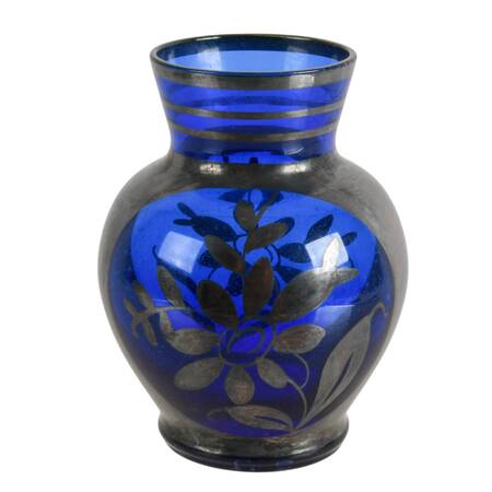 Italian Silver Overlay on a Floral Cobalt Glass Vase
