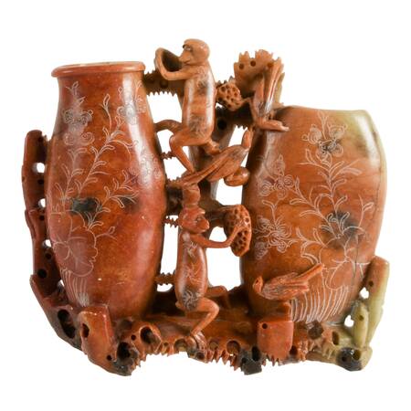 Chinese Carved Soapstone Monkey Vases