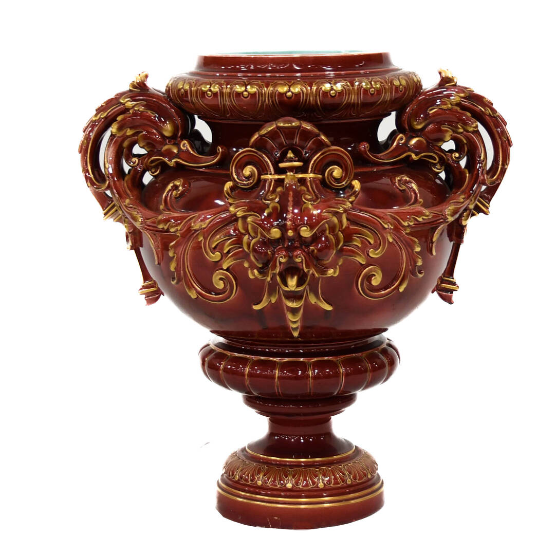 French Oversized Sarreguemin Dragon Majolica Urn