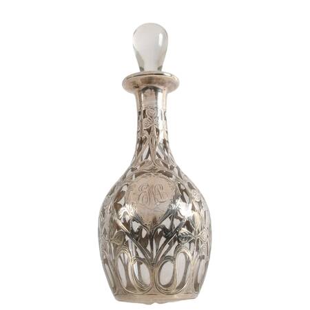 Art Nouveau Sterling Overlay Botanical Decanter Attributed to Alvin