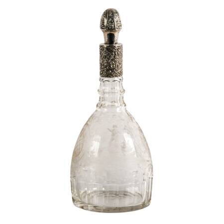Antique German Etched Glass Decanter with Sterling Collar and Stopper