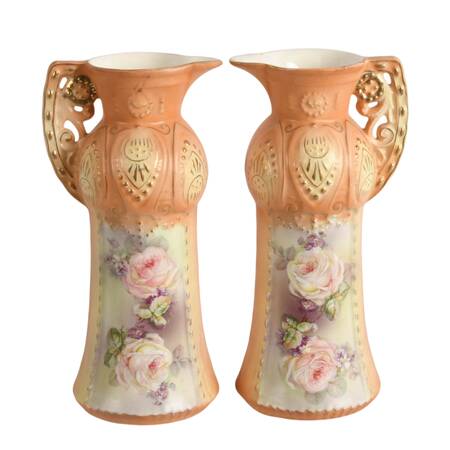 Antique Pair of Austrian Robert Hanke Floral Porcelain Ewers