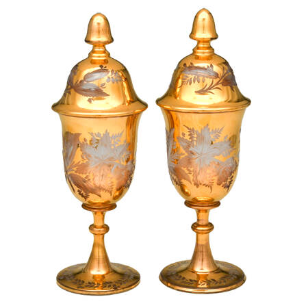 Pair of Footed Cut-to-Clear Gilt Bohemian Glass Urns